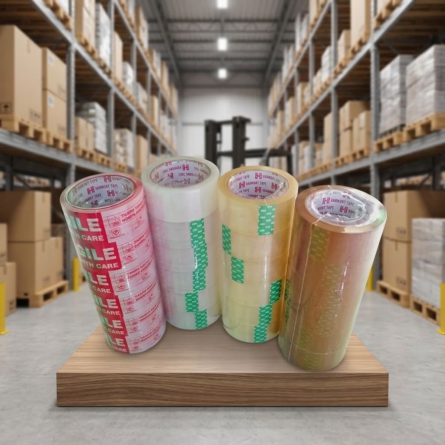 Lakban clear, clear kaca, dan tan — produk pabrik Semarang